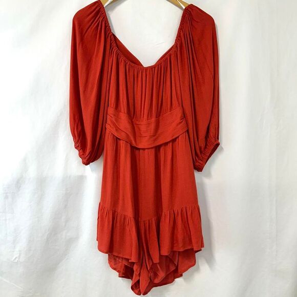 LULU'S NWT Orange Off The Shoulder Romper Ruffles Bow Womens M Bohemian Western - Picture 1 of 8
